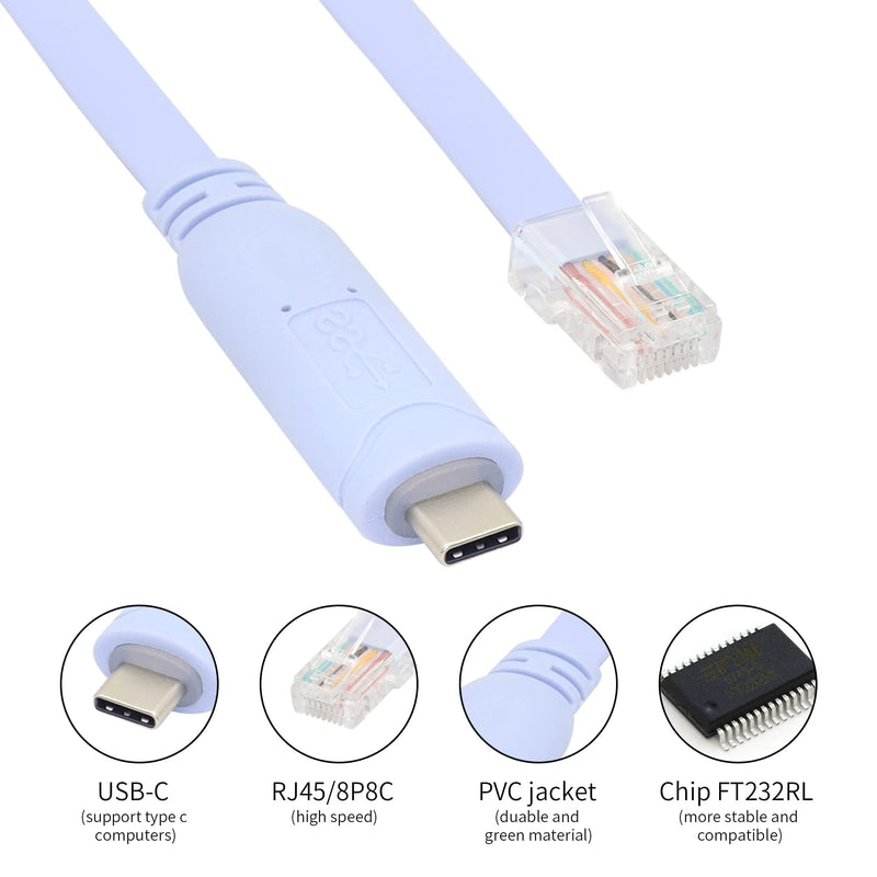 QIANRENON USB-C Cisco Console Cable, USB C to RJ45 Console Serial Debug Cable with FTDI Chip, USB Type C to RJ45 Serial Adapter Cable Compatible with Router, Switch, Firewall, AP (Wireless), 6 ft
