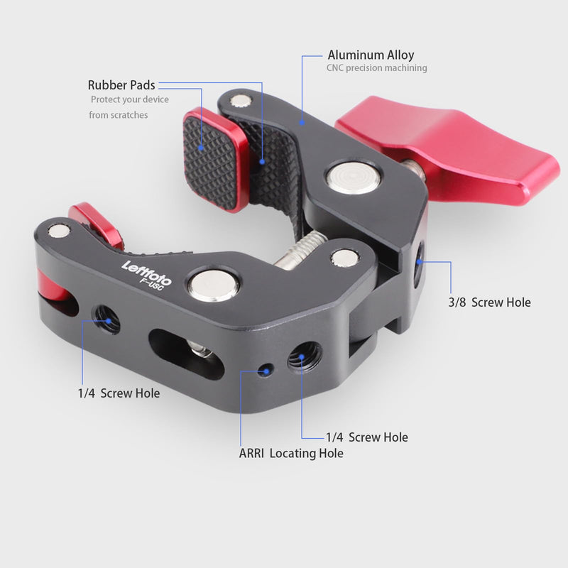 Leftfoto Universal Super Clamp,Crab Shaped Camera Clamp,All-Metal Pliers Clip w/1/4'' and 3/8'' Thread for Tripod Legs/Bicycles/Table/LCD Field Monitors/Microphones/Gopro Sports Camera