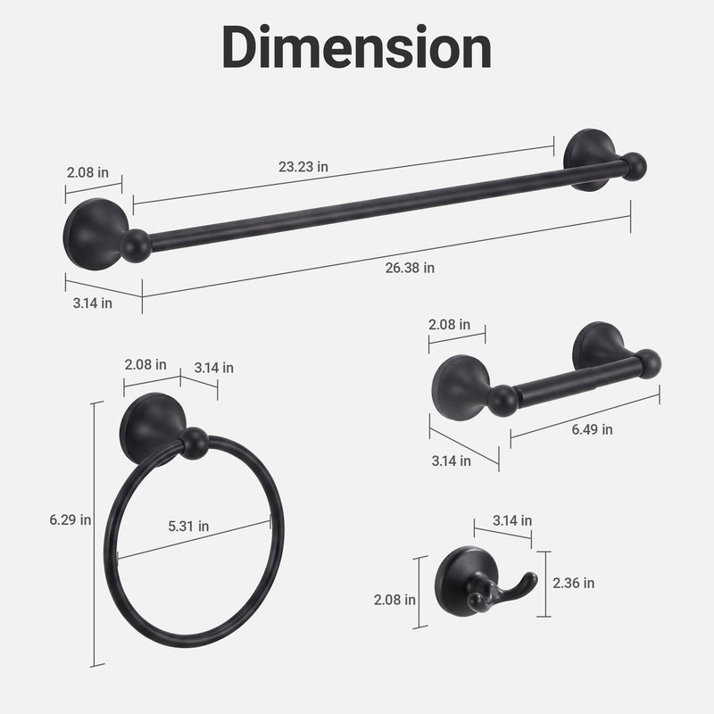 24-Inch Wall Mounted Towel Racks for Bathroom – Space Saver 4-Piece Durable Stainless Steel Bathroom Hardware Set with Towel Bar, Towel Ring, Toilet Paper Holder & Hook, Matte Black Cone
