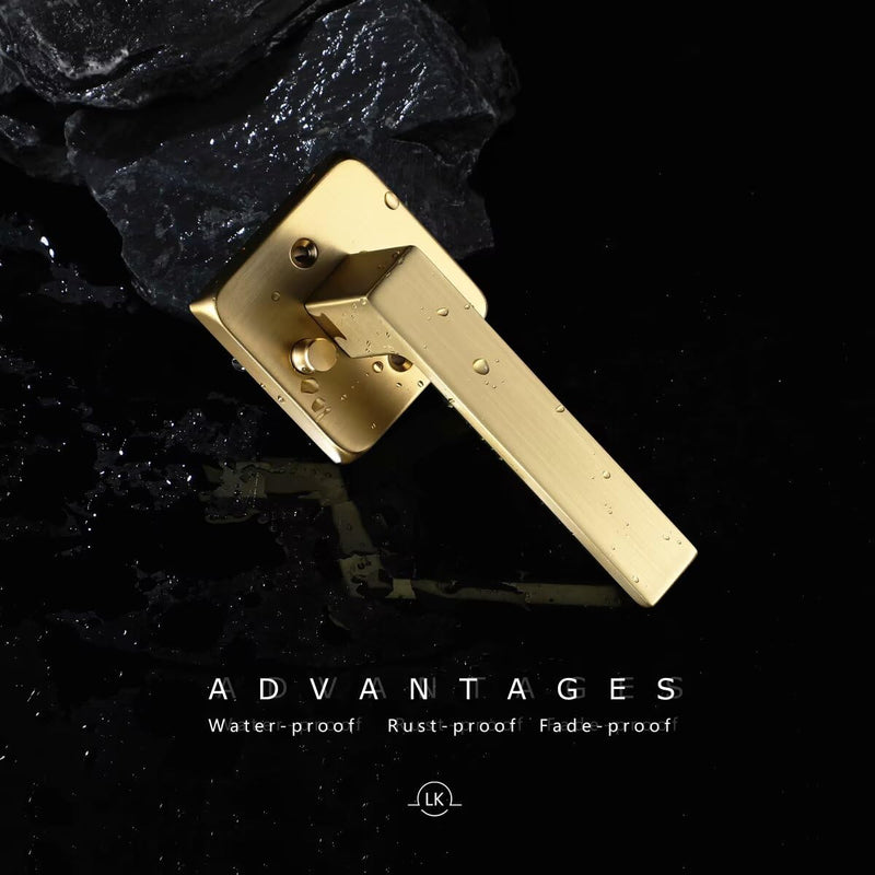 Linkaa Gold Satin Brass Door Handle Levers with Lock Privacy, Keyless Square Door Lever Lock Interior for Bedroom Bathroom (1 Pack, Privacy,Push Button Lock) Privacy(push button lock) 1