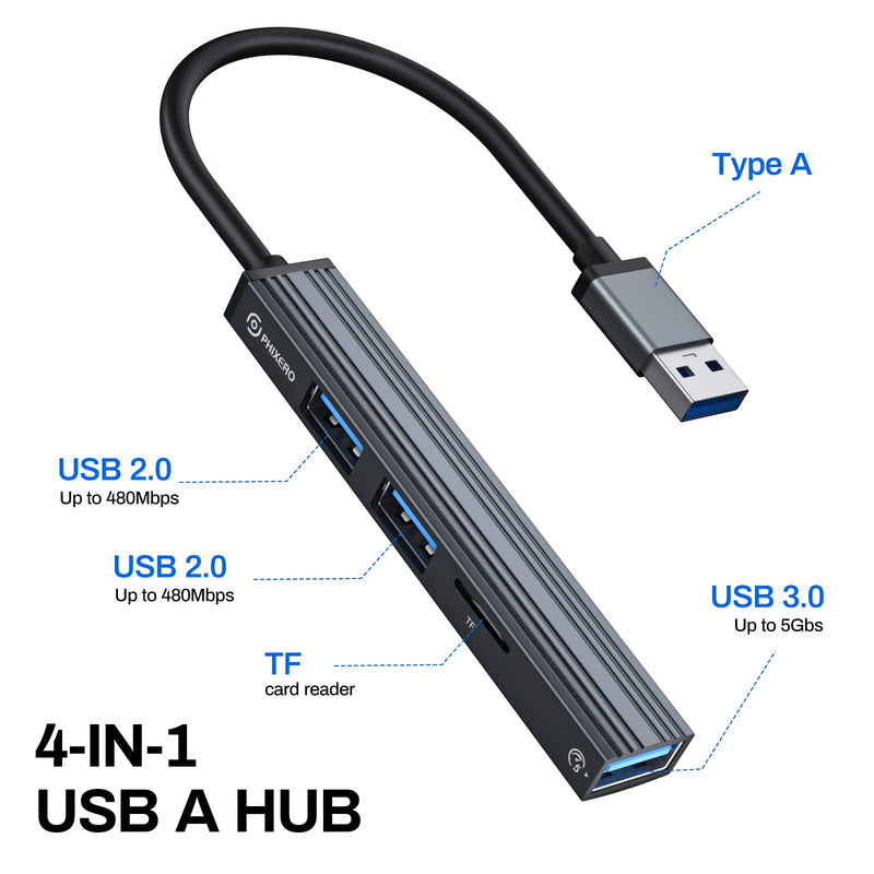 Mini USB Hub, 4-in-1 Multi-Port Adapter with High-Speed USB 3.0 Port, USB 2.0 Port and TF Card Reader, Ultra Slim Portable Data Hub Applicable for Laptop, PC, iMac Pro, MacBook Air, USB Splitter USB-A-3TF