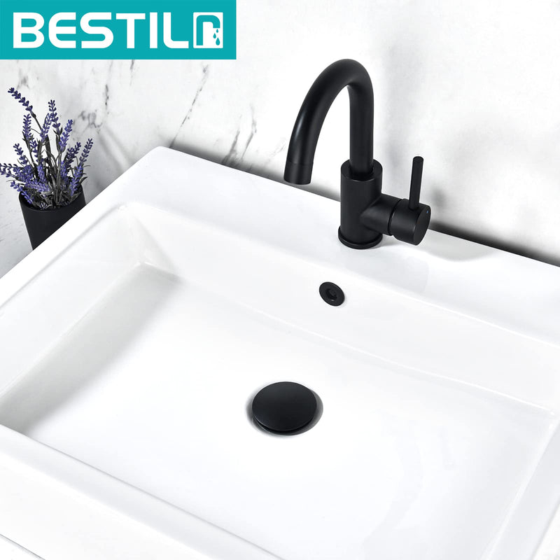 BESTILL Bathroom Sink Drain Stopper, Push Pop Up Drain with Overflow, Matte Black