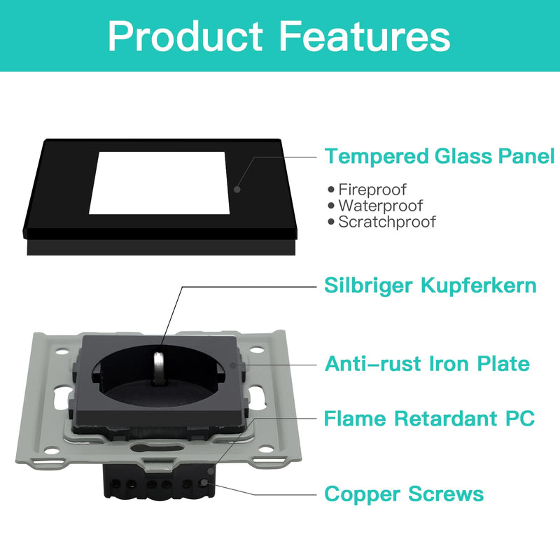 BSEED Schuko socket 1 compartment crystal glass plate socket glass flush-mounted single socket 16Amp socket 86mm extension sockets wall socket black