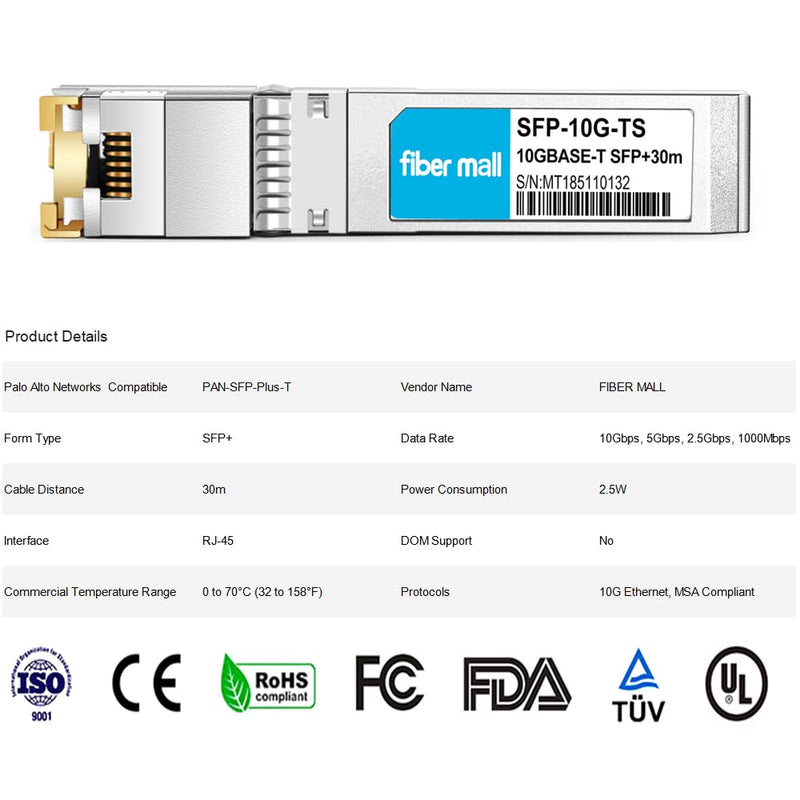 10G SFP+ to RJ45 for Palo Alto Networks PAN-SFP-Plus-T 10GBASE-T SFP+ Copper RJ-45 30m Transceiver Module 10GBase-T: 30m