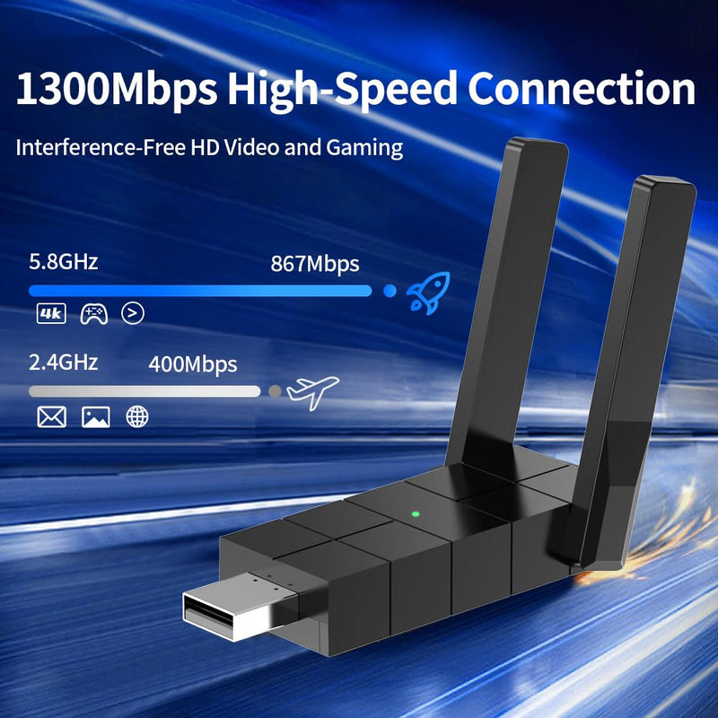 WiFi Adapter for Desktop PC, Wireless Adapter Wide-Coverage Dual Band 2.4GHz 400Mbps and 5GHz 867Mbps, USB 2.0, Dual High Gain Antenna, Supports Windows 10/11, Plug and Play 1300Mbps