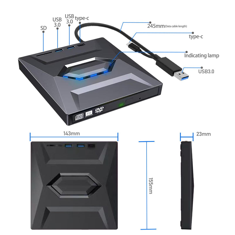 External CD/DVD Drive for PC and Laptop - 5-in-1 USB C Portable DVD Player with SD Card Slot & 3 USB Ports - High-Speed CD Burner Compatible with Mac, Windows 11/10/8/7, Linux