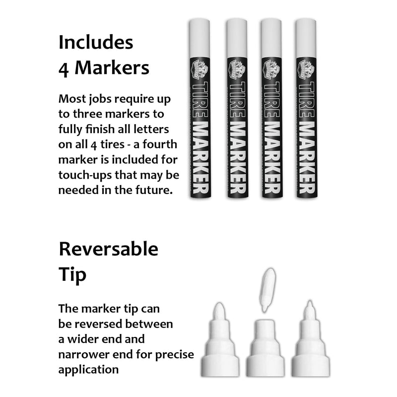 White tire Paint Marker for Car Tire Lettering - 4 Pack - Permanent Tire Paint Pens with Weatherproof Ink Designed to Last on Car Tires and Many Other Materials