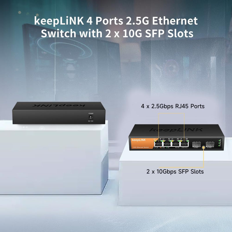 6-Port 2.5G Switch Unmanaged, 4 x 2.5GBASE-T Ports & 2 x 10GBASE-T SFP Slots, 60Gbps Switching Capacity, Plug & Play/Wall Mountable/Fanless Metal, Compatible with 1000Mbps Devices 6 Port 2.5G Switch