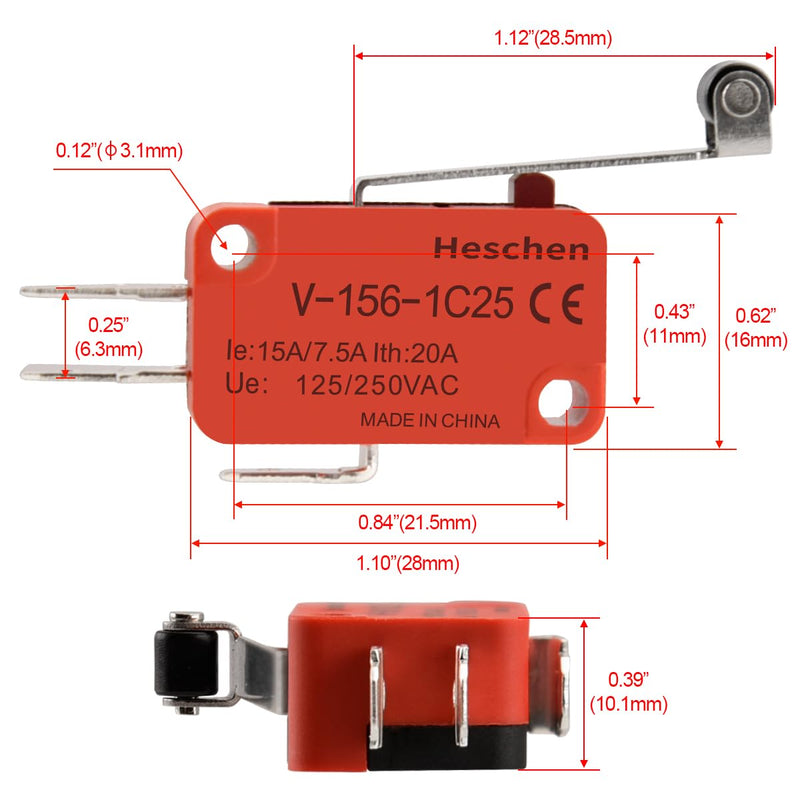 Heschen Micro Switch V-156-1 C25 SPDT Long Roller Lever 20A 250VAC 2 Pack