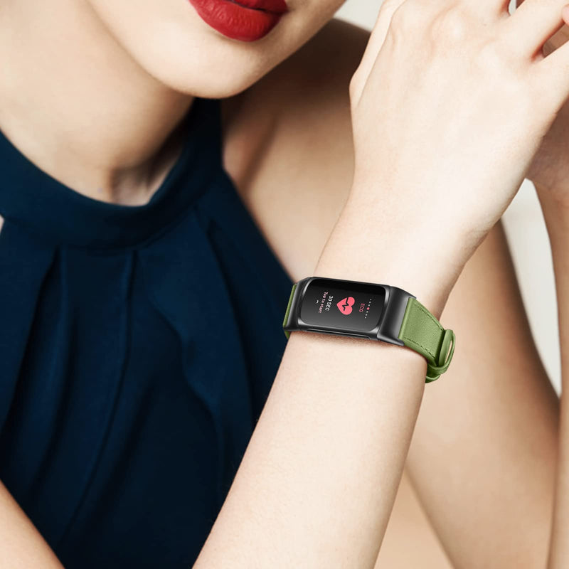 Fintie Bands Compatible with Fitbit Charge 6/5, Genuine Leather Band Replacement Accessories Strap Wristband Green