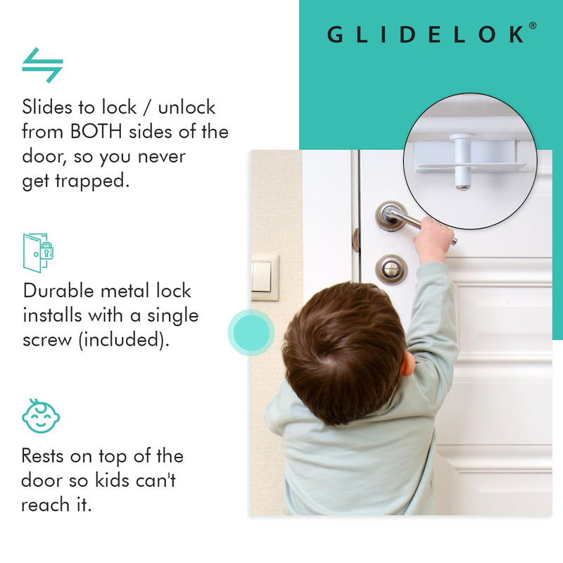 1 Pack – GlideLok Child Safety Door Top Lock | Access Lock from Either Side of The Door | for Interior & Exterior Doors | Metal Child Proof Door Lock (Not Plastic Like Others) 1 Pack
