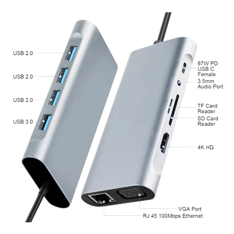 USB C Laptop Docking Station 11 in 1 Type-C Hub with HDMI,Ethernet,4 USB,VGA,SD TF Card Reader,Audio,PD Compatible with iPhone16/MacBook/Dell/Surface/HP/Lenovo and Other Type C Laptops