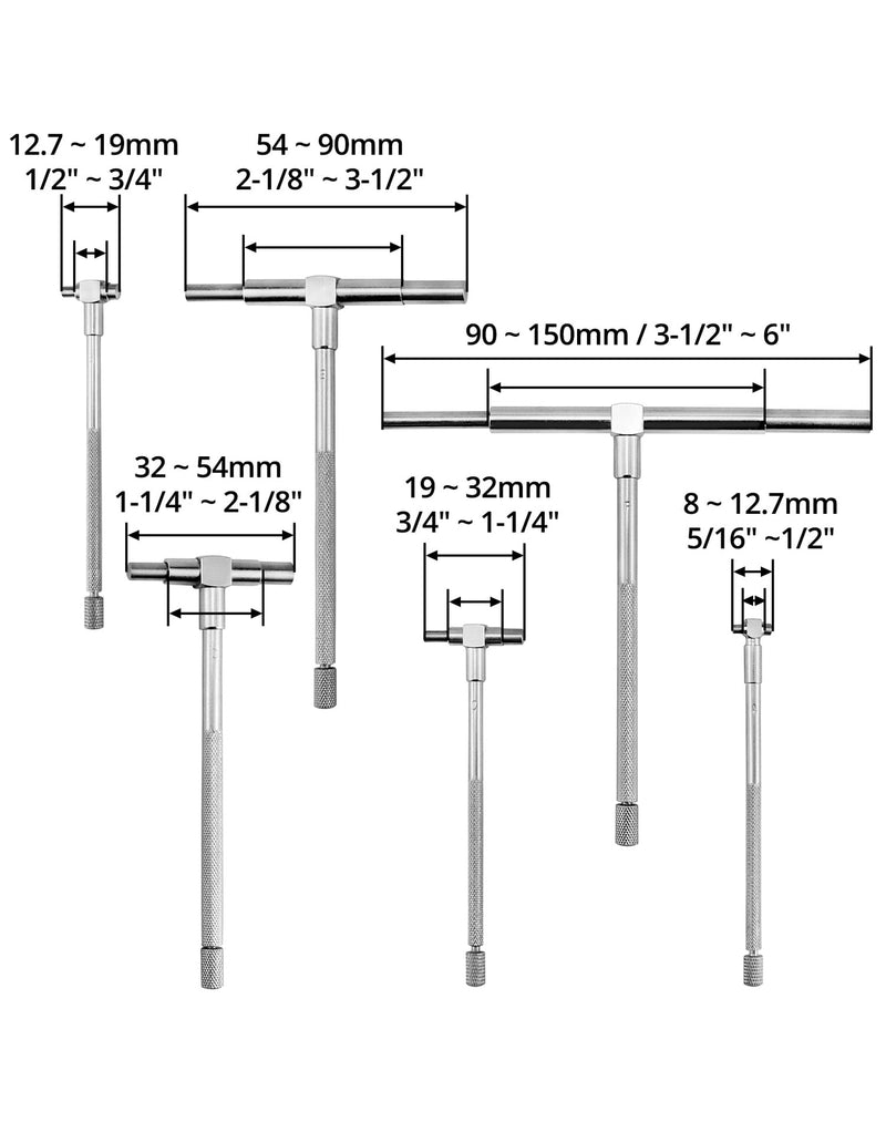 QWORK Telescopic Gauges 8mm - 150mm Inner Diameter Adjustable, 6pcs/set 5/16" to 6"