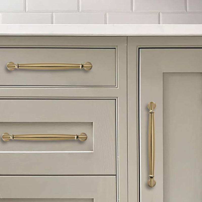 khtumeware 10 Pack 3 Inch(76mm) Brushed Brass Cabinet Pulls Heavy Duty Solid Warm Brass Cabinet Handles Kitchen Brushed Gold Cabinet Hardware for Cupboard Drawer Handles 3"(76mm) Hole Center