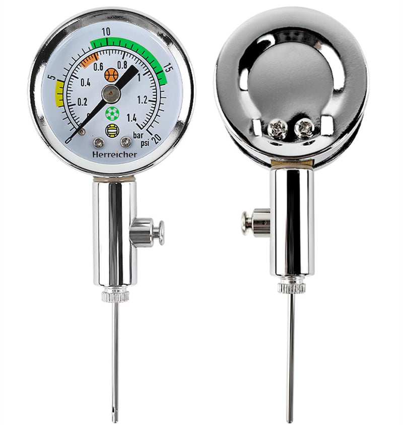 Precision Ball Pressure Gauge Professional Air Pressure Gauge for Football, Basketball, Volleyball & Rugby - Robust Metal Casing, Clear Display (0-20 PSI/0-1.4 Bar) - Includes Needle for All Ball Valves