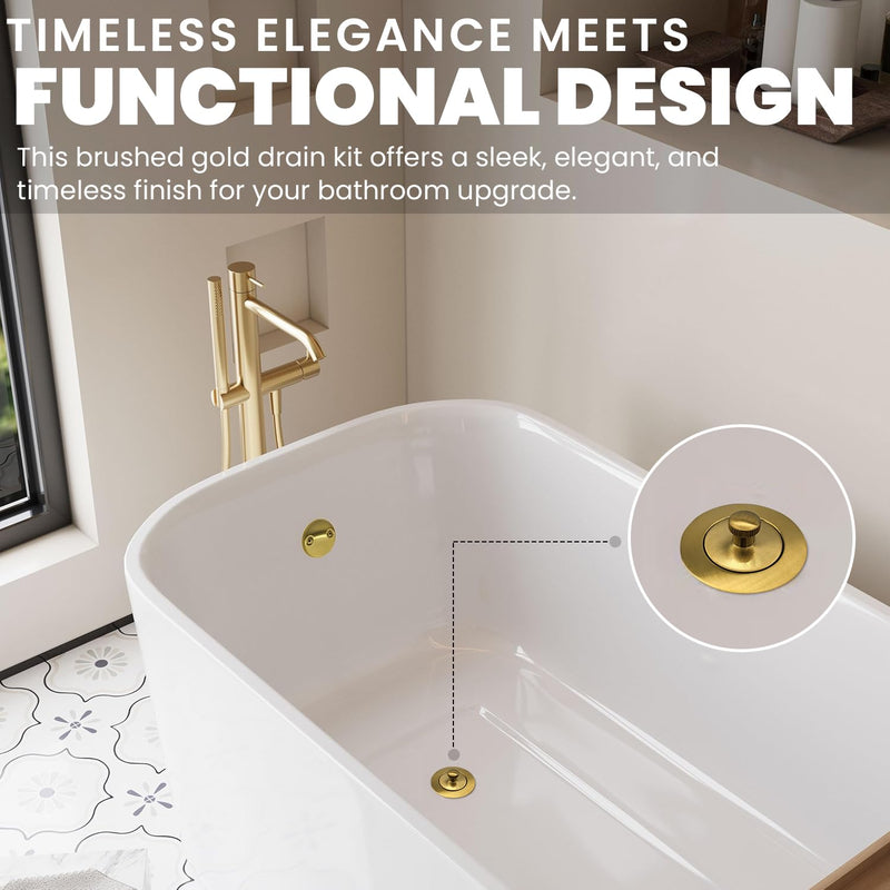 Brushed Gold Bathtub Drain - Lift and Turn - Gold/Brass Tub Drain, Overflow Drain Cover, and Tub Drain Replacement Kit - Solid Brass - Professional Grade - Fits 1-3/8" and 1-1/2" Brushed Gold