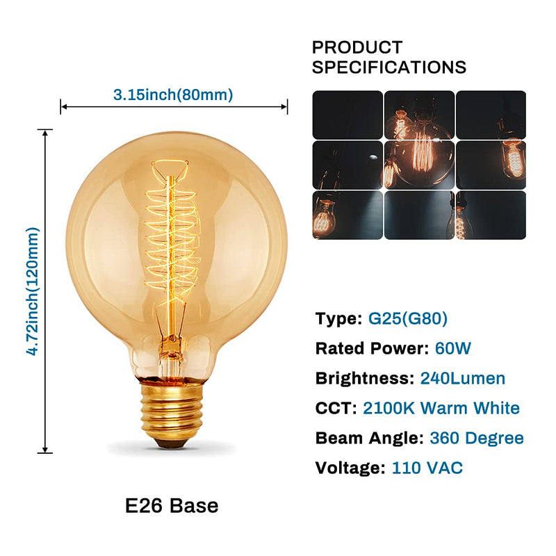 Edison Incandescent Light Bulbs 60 Watt, G25(G80) Vintage Light Large Bulb, 6-Pack Globe Bulbs 2100K Warm White, E26 Medium Base Dimmable, 240 Lumens Filament, Vanity Light Bulbs for Bathroom Amber Glass-2100k 6 Count (Pack of 1)