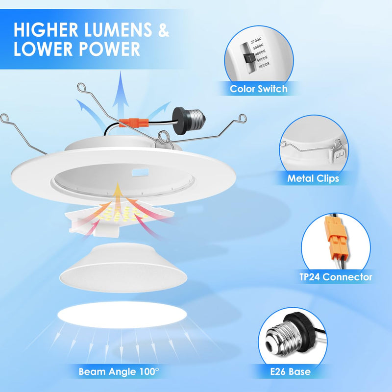 ANWIO Recessed Lighting 6 Inch 5CCT 1000LM High Brightness Flat Retrofit LED Recessed Lights Can Needs, 2700/3000/4000/5000/6000K Selectable Can Lights 10W CRI 80+ Dimmable E26 IC Rated & ETL 5 Pack White 6inch-5pack