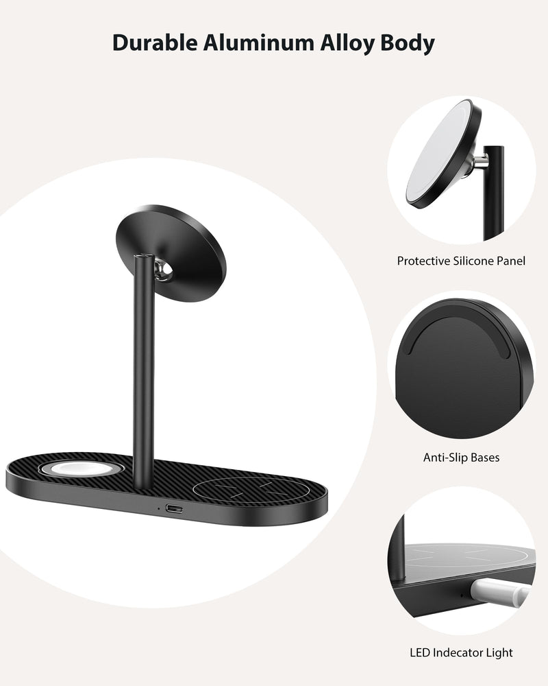 3 in 1 Charging Station for Apple, Aluminum Alloy & Carbon Fiber Magnetic Wireless Charger, Compatible with iPhone 15/14/13/12 Series, for Apple Watch, for AirPods 3/2/Pro & Multiple Qi Devices