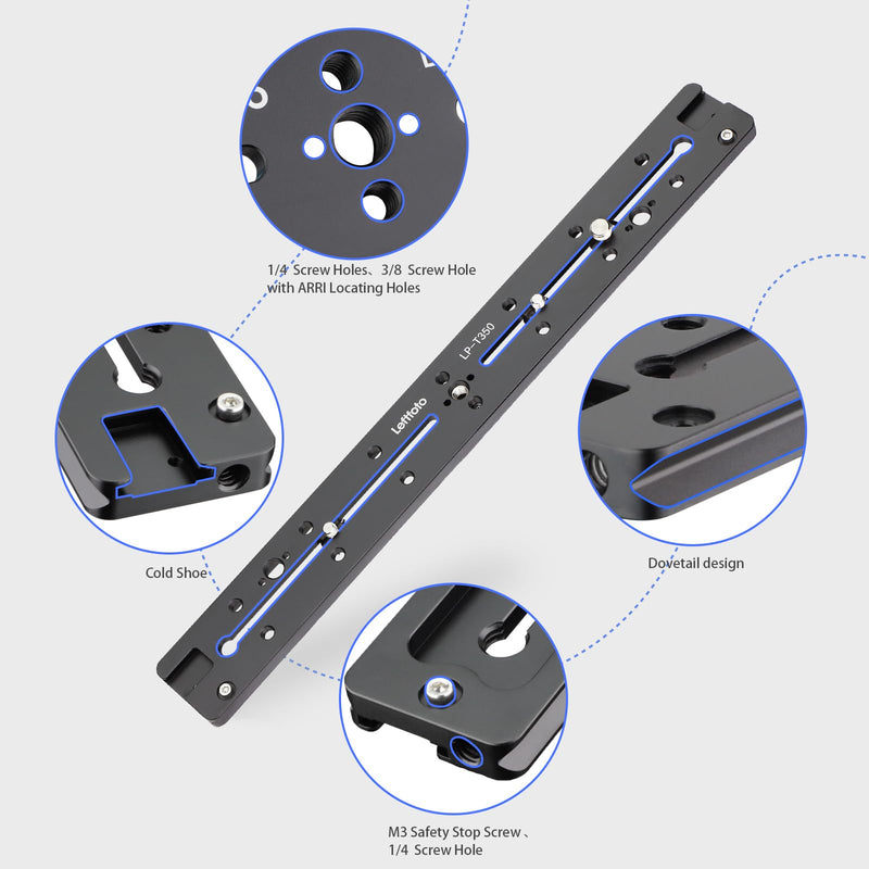 LEFTFOTO 350mm Double Dovetail Slide Rail with Arca Swiss Quick Release Plate,Locating Hole for ARRI,1/4" & 3/8" Threads,Cold Shoe - for DSLR Camera Tripod Ballhead