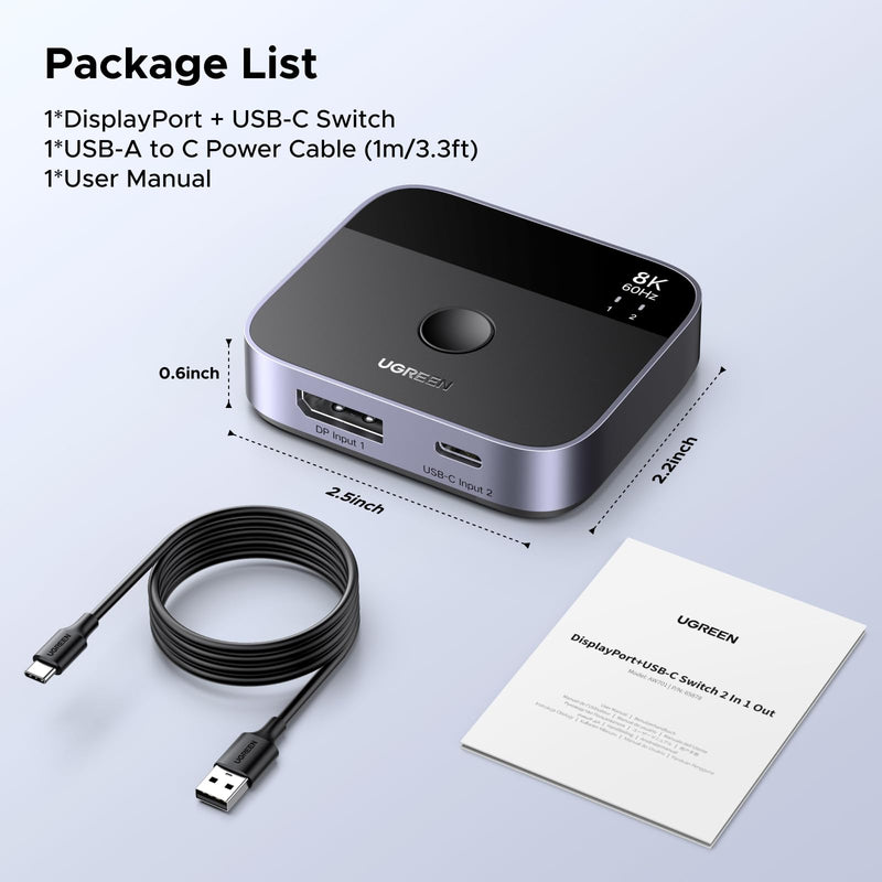 UGREEN 8K@60Hz DisplayPort+USB C Switch 2 in 1 Out DP 1.4 Out Ultra HD Supports 4K@240Hz 3D HDR10+ HDCP2.3 USB-C+DisplayPort Switcher Compatible with Laptops, Computers, Desktop, Steam Deck