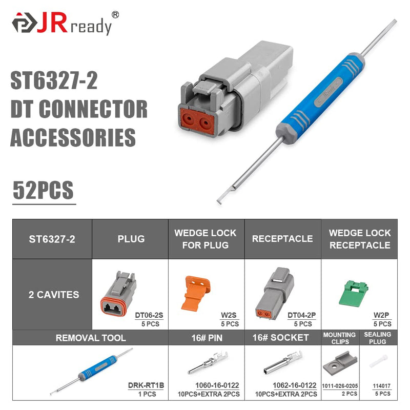 JRready ST6327-2 Deutsch 2 Pin DT Connector Kit, Gray Waterproof DT Connector 2 Pin(5 Set), Size 16 Stamped Contacts, Seal Plugs for Car, Truck, Motorcycle, Off-Road Vehicles, Marine. 2Pin 5Pair