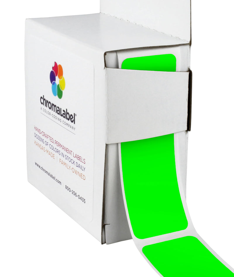 ChromaLabel 1 x 3 Inch All Purpose Permanent Color Code Rectangle Labels, 250 Labels per Dispenser Box, Fluorescent Green