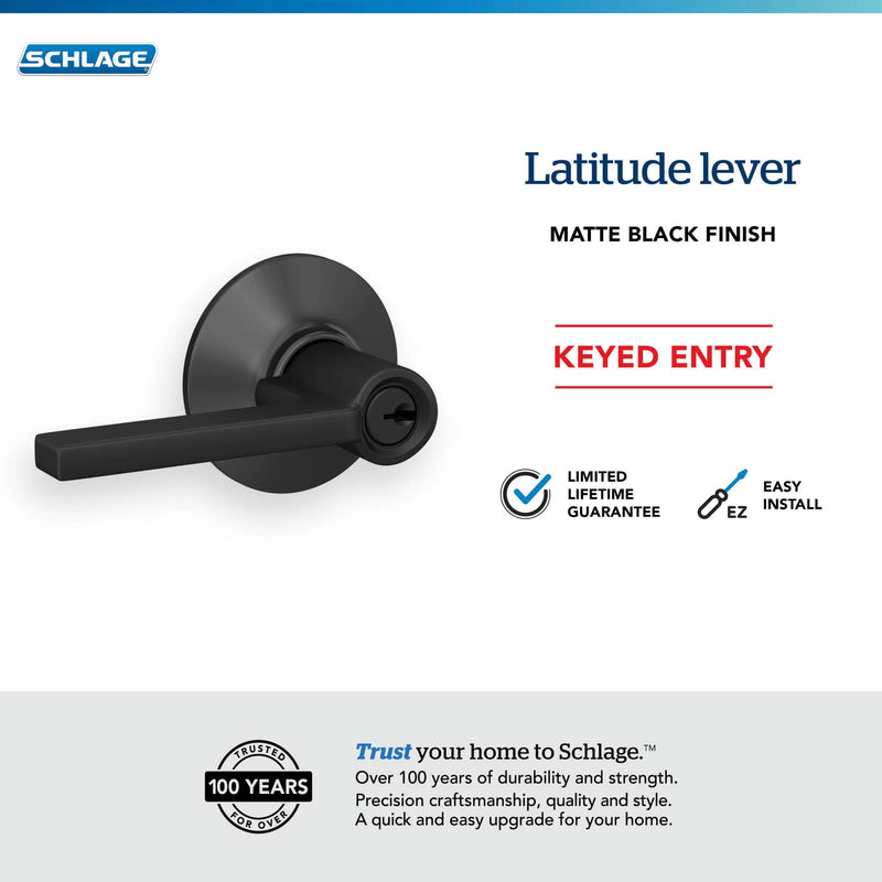 Schlage F51 V LAT 622 Latitude Door Lever, Keyed Entry Lock, Matte Black Standard