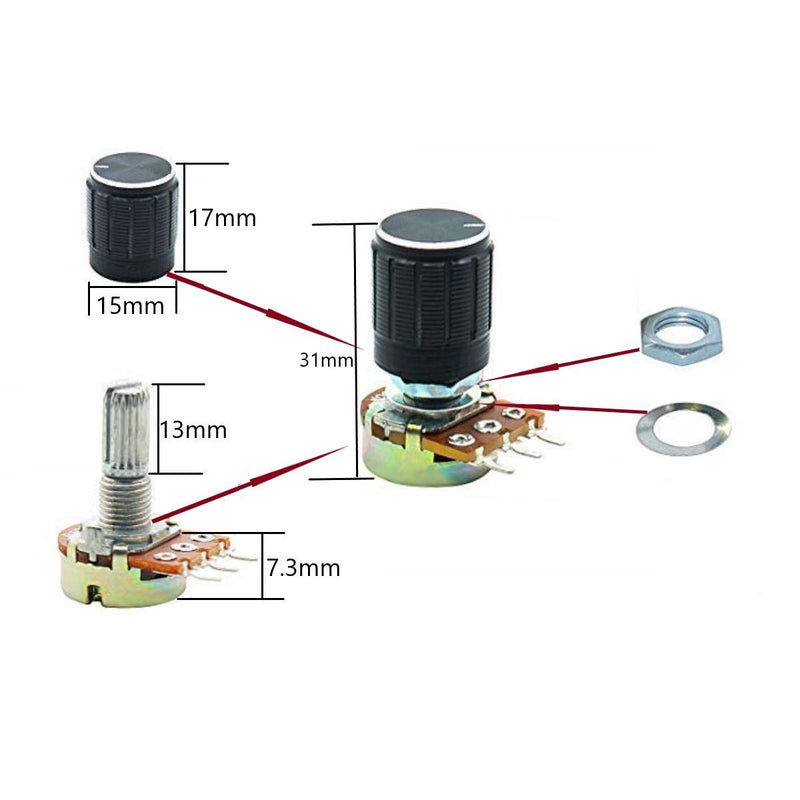 GTIWUNG Potentiometer Mono Linear B5K B10K B20K B50K B100K, 20 pieces. Single potentiometer, WH148 3-pin rotary potentiometer with nuts and washer T244