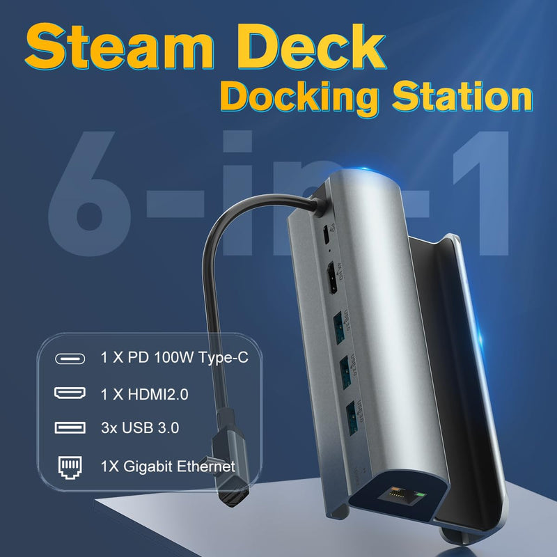 Steam Deck Docking Station for Rog Ally/Legion Go/MSI Claw, 6 in 1 USB C Hub Steam Deck/Rog Ally Dock with HDMI 2.0 4K@60Hz, 1000Mbps Ethernet, 3 USB-A 3.0 & 100W Fast Charging Port