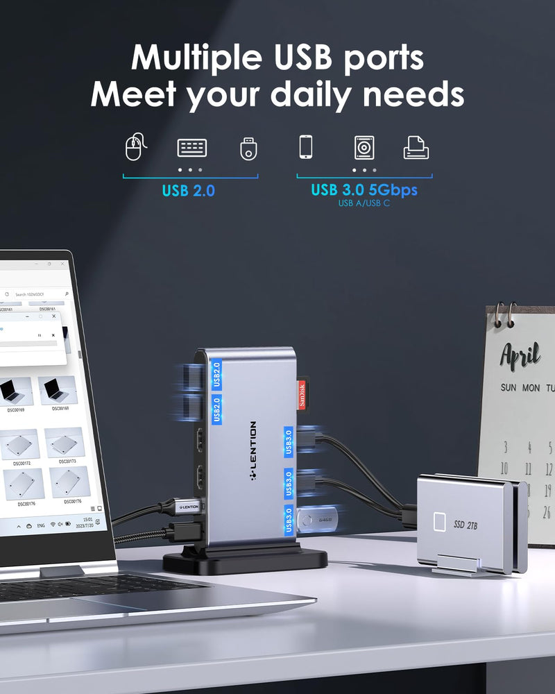 LENTION 10-in-1 Detachable USB C Laptop Docking Station with Dual 4K@60Hz HDMI, PD Charging, USB C, USB-A, SD/Micro Card Readers, 3.3ft Host Cable for Mac, MacBook, Windows use (D62 10-in-1(3.3ft cable+Vertical+Detachable)