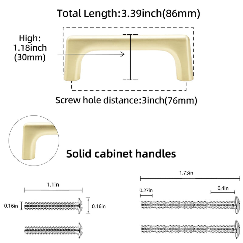 10 Pack 3 Inch(76mm) Brushed Gold Kitchen Cabinet Handles Cabinet Pulls Gold Drawer Pulls Kitchen Cabinet Hardware Kitchen Handles Drawer Pulls Dresser Handles Pull - 3'' Hole Center(76mm) 10