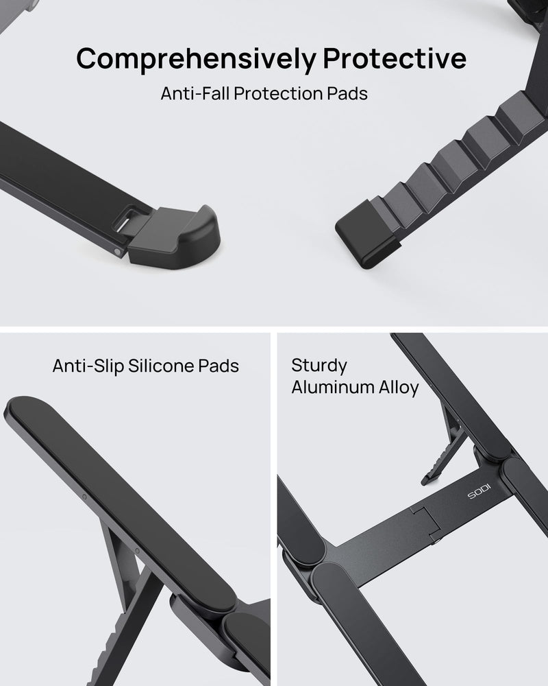 SODI Ultra Compact Foldable Laptop Stand - Portable Laptop Holder for Desk & Travel Use, Ergonomic Aluminum Computer Holder with Adjustable Height for MacBook, Tablet 10-16" (Dark Black, Bi-Fold) Dark Black