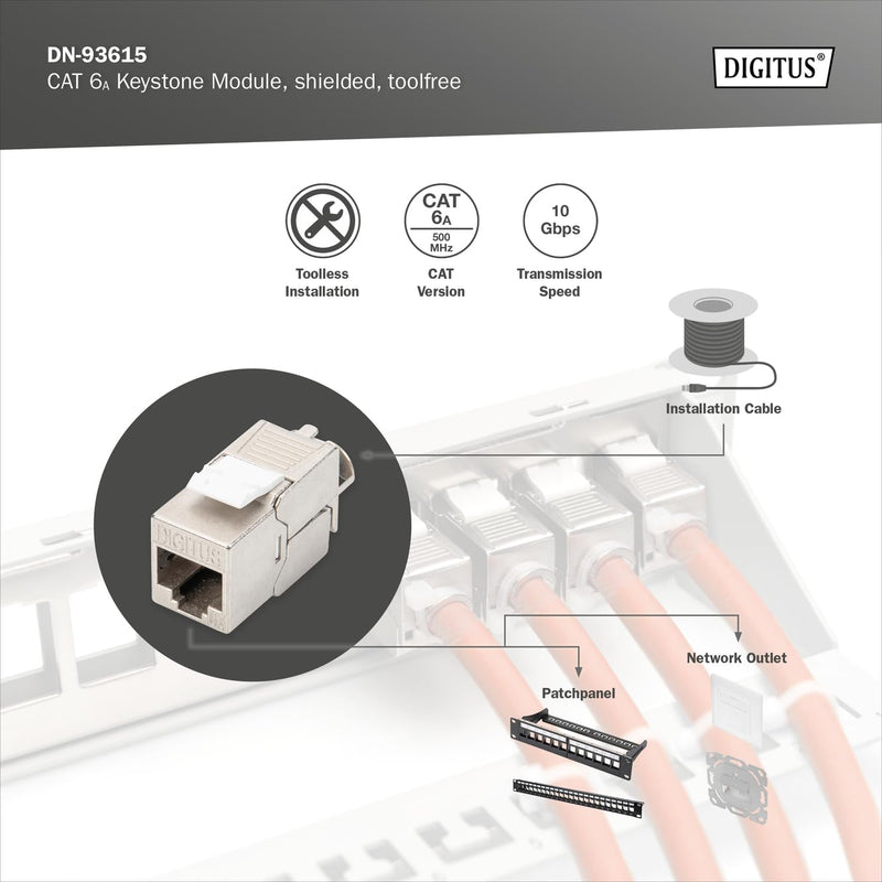 Assmann DN-93615 Digitus Cat 6a Shielded Keystone Module | Tool Free - LSA - PoE++ - AWG 26-22 - RJ45 Female - 10Gbps - For junction boxes and patch panels Standard version 1 pc.