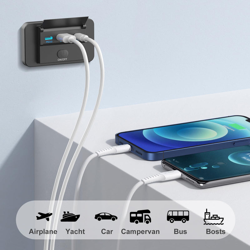 78W 12V USB Outlet Surface Mount Lightweight Dual USB C 30W and QC 3.0 18W Car USB Port, 12 Volt USB Cigarette Lighter Replacement Charger Socket Panel with Button Switch for RV Bus Marine Motorcycle