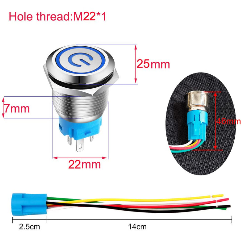 Formed 0.87''/22mm Stainless Steel Push Button Switch 230V AC 3A Power Symbol LED 1NO1NC SPDT On Off Waterproof Toggle Switch with Cable Socket Plug (Blue LED) Blue /220-230v
