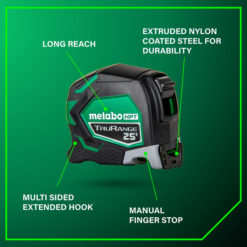 Metabo HPT 25 TruRange Measuring Tape, Green Blade, 115925M | Nylon Coated Steel, Lightweight Design, High Visibility, 17-ft Long Reach, 1/8-in Incremental Fractions 7.6 m
