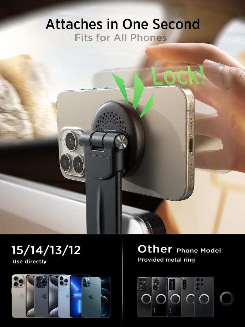 15W for MagSafe Car Mount Charger, 360% Adjustable Aluminum Alloy Arm, Relocatable Car Phone Holder, Magnetic Wireless Fast Charging, Cell Phone Holder for Car (All Models) & for iPhone etc 15W Fast Charging
