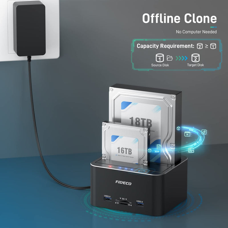 FIDECO Hard Drive Docking Station, USB 3.0 SATA to HDD Docking Station for 2.5 & 3.5 inch SATA HDD/SSD, Dual Bay, Support Offline Clone (Aluminum and ABS) Aluminum+ABS