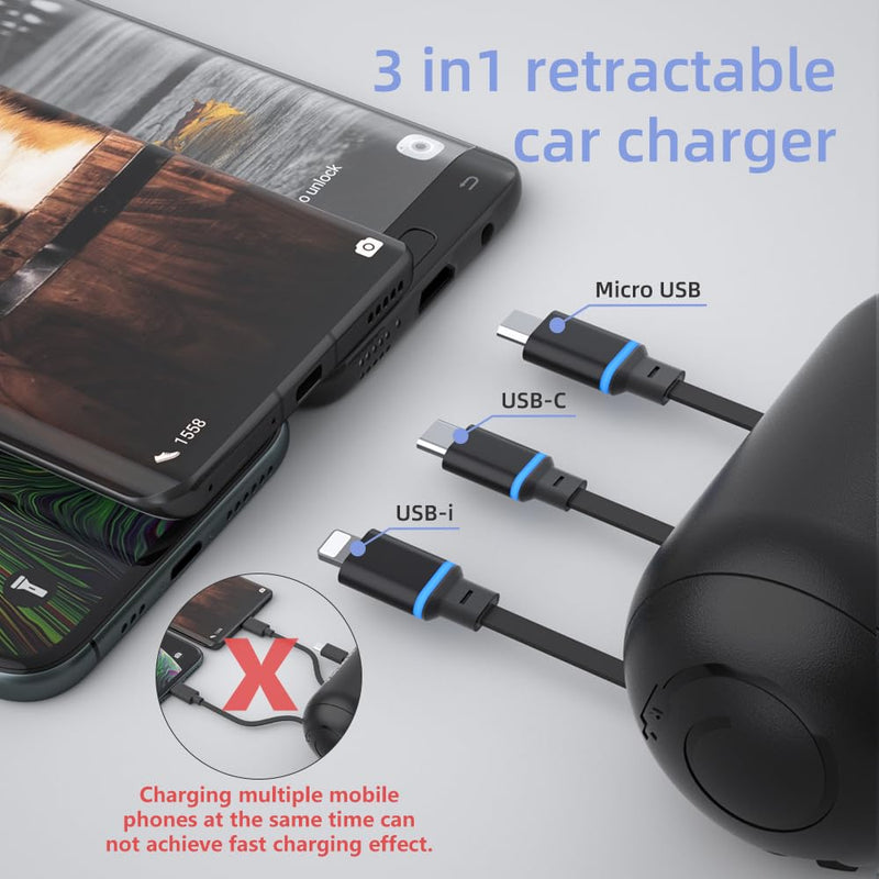 OHLPRO Multi Car Retractable Backseat 3 in 1 Car Charging Station Box Compatible with All Phones | iPhone | Samsung | Uber Taxi Lyft Turo Ride Share Customer Charging Dock Attach to Headrest 3-IN-1 Charging Station