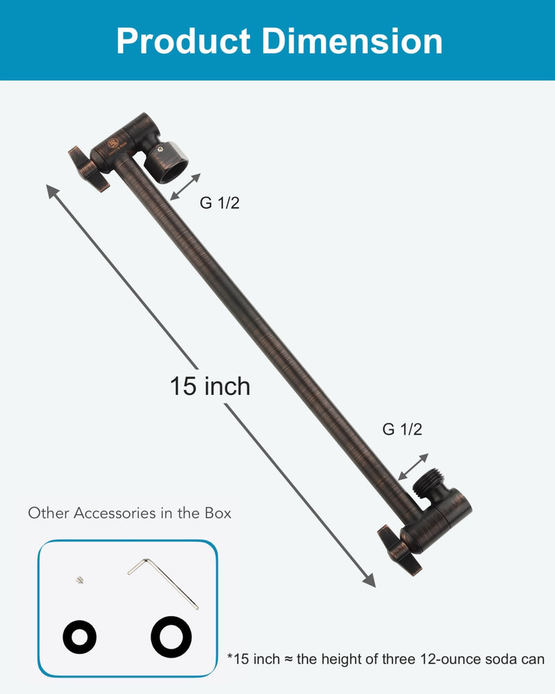 15 Inch Extra Long Adjustable Shower Head Extension Arm With Locking Set Screw, Singing Rain 304 Stainless Steel Angle Height Adjustable, G1/2 Universal Connector Compatible (Oil Rubber Bronze) 15 inch 4. Oil Rubbed Bronze