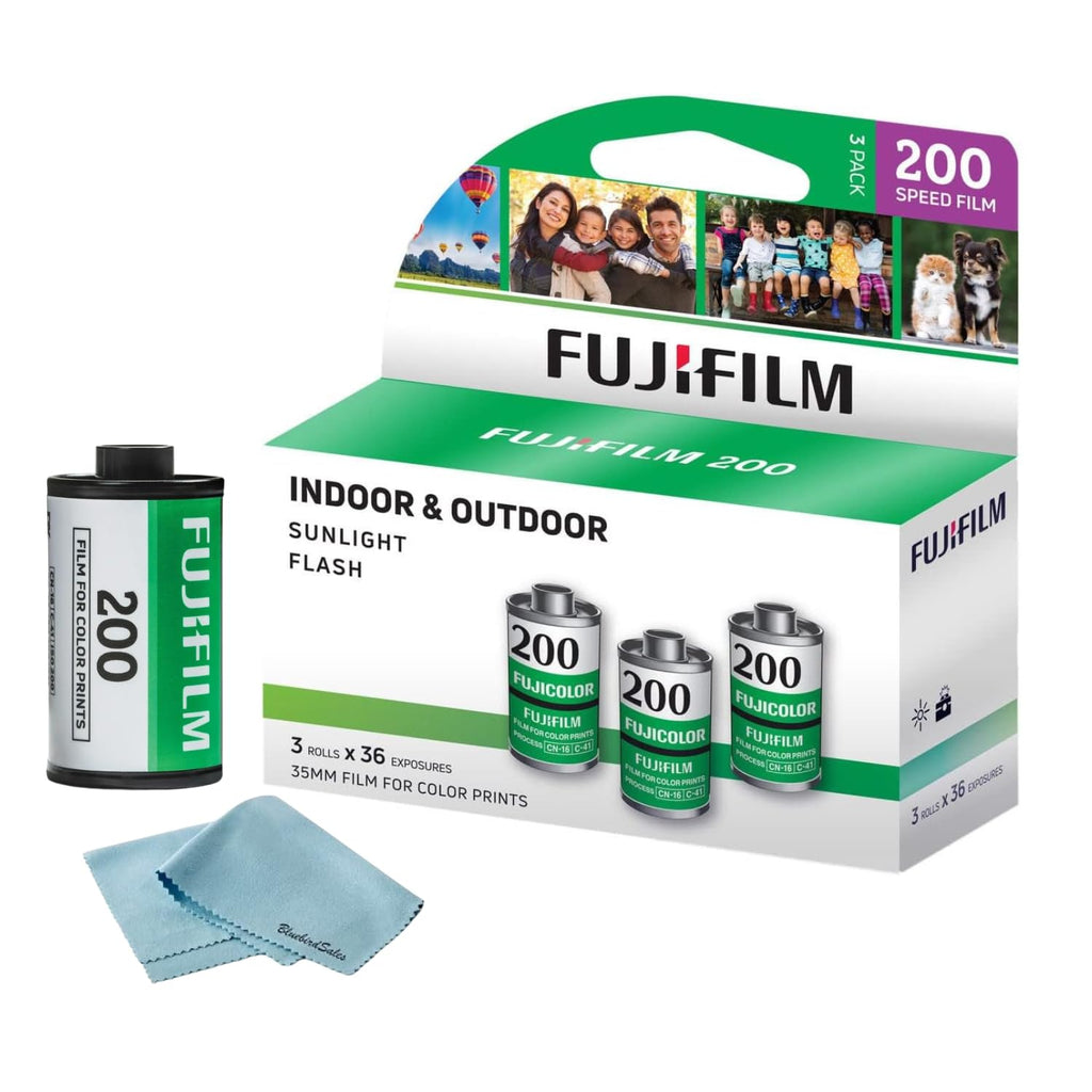 FUJIFILM 200 Color Negative Film (35mm Roll Film, 36 Exposures, 3-Pack) + BluebirdSales Microfiber Cleaning Cloth Bundle 200 Speed Film