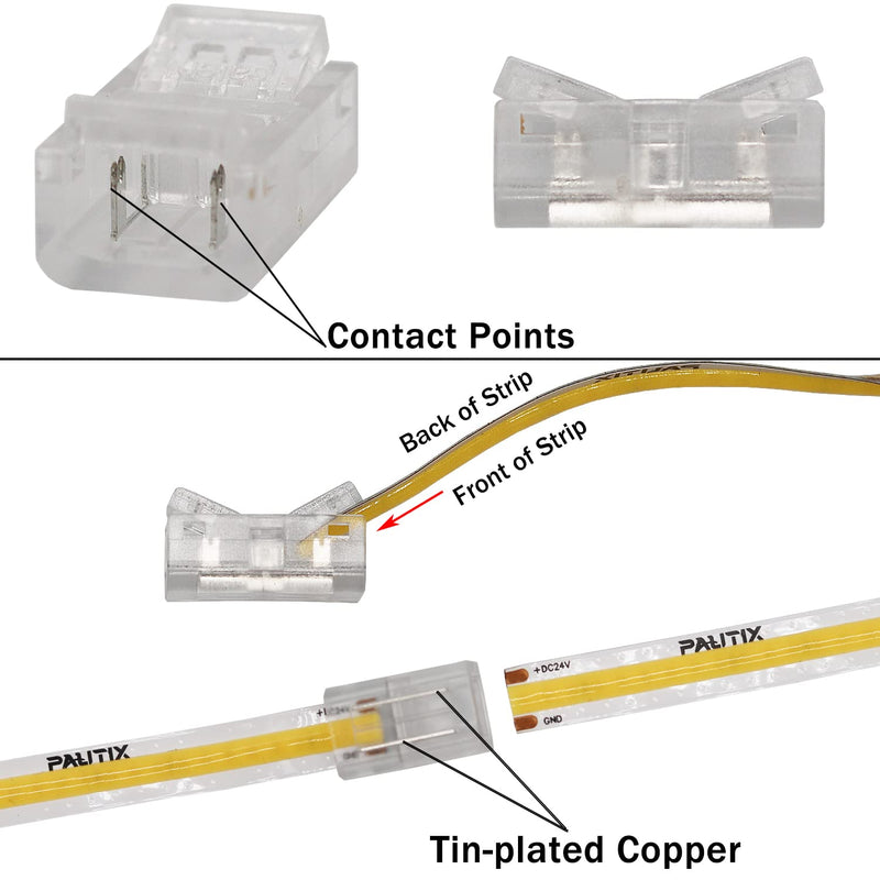 COB LED strip connector set for 8mm width COB strip 2Pin, 4 pieces transparent center connectors, 2 pieces L-shape, 1 piece T-shape and 4 pieces dual-end extension wires 15cm with 1 piece DC 8mm COB connector upgraded
