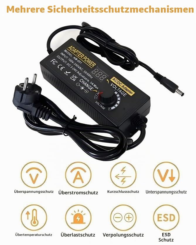 Adjustable Power Adapter 3-24V 5A 120W, Universal Power Supply 120W Adjustable Power Supply Adapter, 100V-240V AC to DC 5A Power Supply with LED Voltage Display and 5.5 x 2.5 mm 14 Tips & Polarity Cable