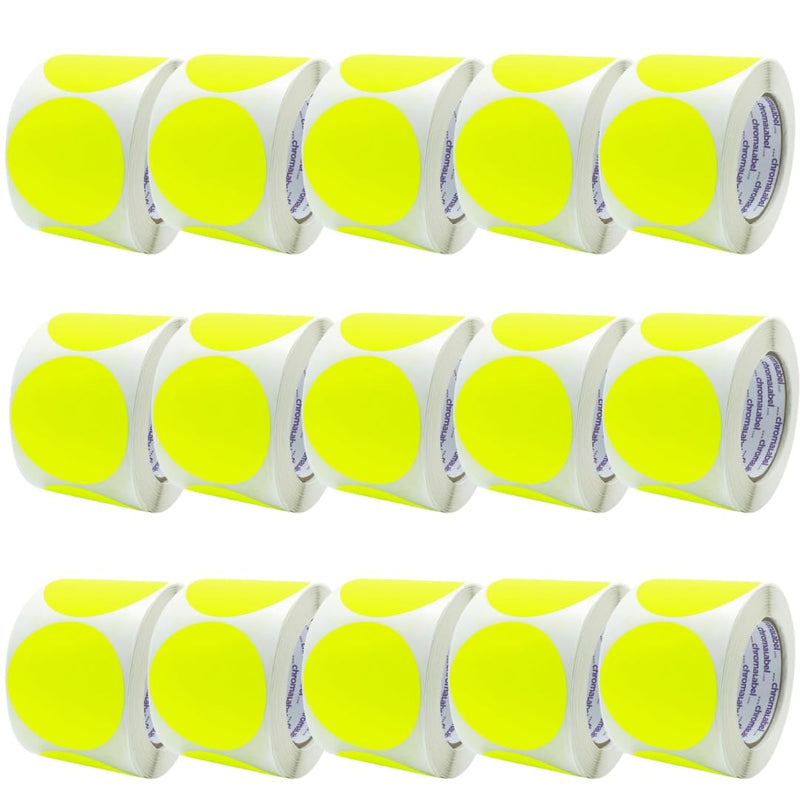 ChromaLabel 3 Inch Circle Sticker Labels, High Visibility Round Sticker Labels, Removable Sticky Dots - 500 Colored Dot Stickers per Roll, Fluorescent Yellow - Case of 15