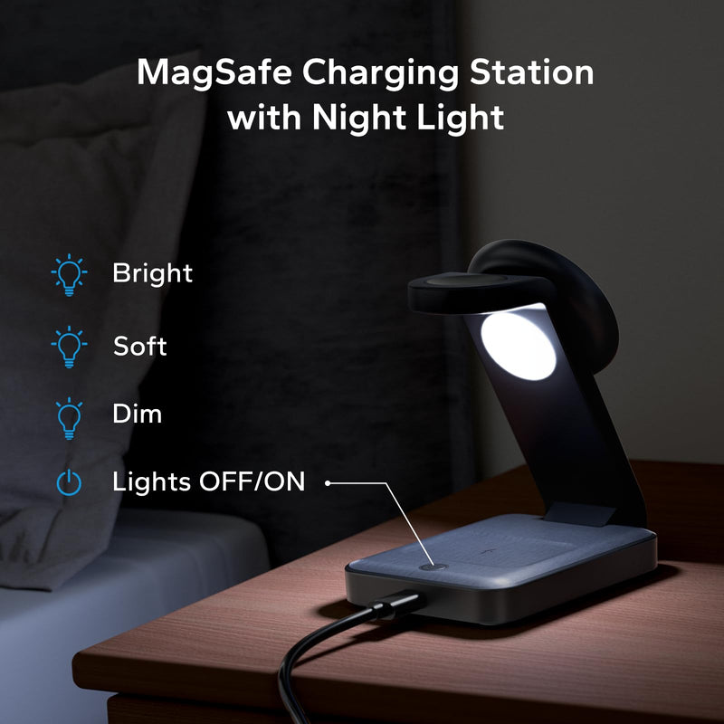 3 in 1 Foldable Wireless Charging Station for MagSafe, Travel Magnetic Charger Stand for iPhone 15 14 13 12 Pro Max, Fast Nightstand Charging Dock with Night Light for Apple Watch/AirPods