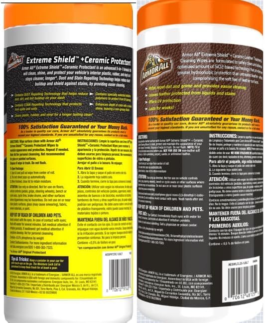 Armor All Ceramic Car Leather Cleaning Wipes, Use on Heated Seats and Leather Surfaces, Includes Ceramic Leather and Extreme Protectant Wipes - 2 Count Interior Care Wipes