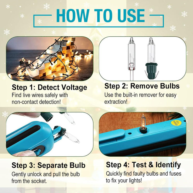 allsun Christmas Light Tester with 50pcs 2.5V Bulbs, Non-Contact Voltage Tester and Repair Tool, 12-600Vac Christmas Tree Light Tester for Holiday String Lights, Bulb and Fuse Checker Light Tester+50pcs Blubs, Christmas Light Repair Tools