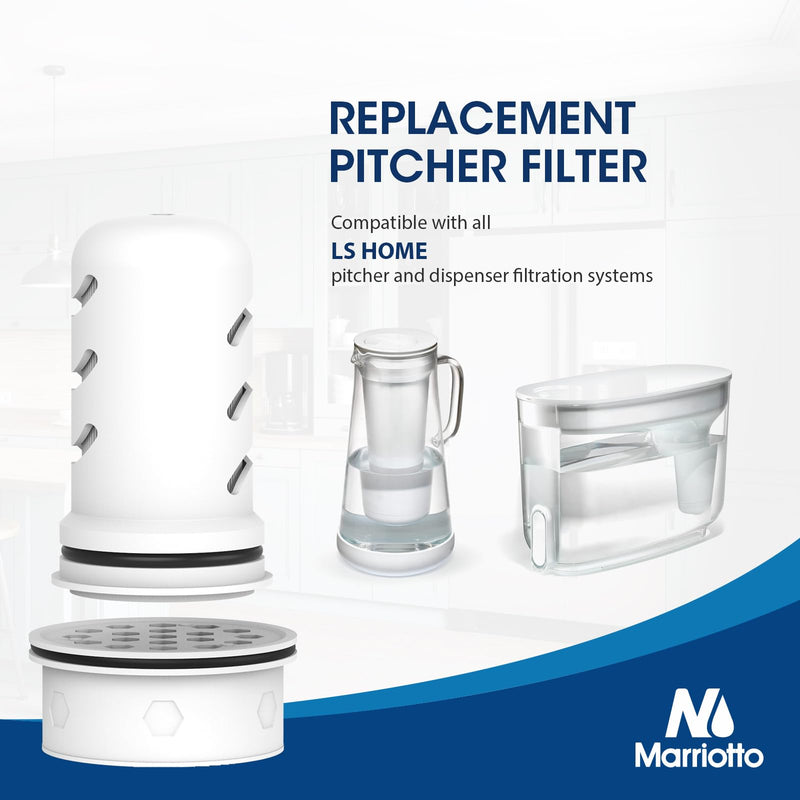 MARRIOTTO Water Filter Replacement for LS Home & GLACIER FRESH Glass Pitcher 7 Cup/Plastic Pitcher, 1 Membrane Micro Filter and 6 Activated Carbon + Ion Exchange Filter 1+6