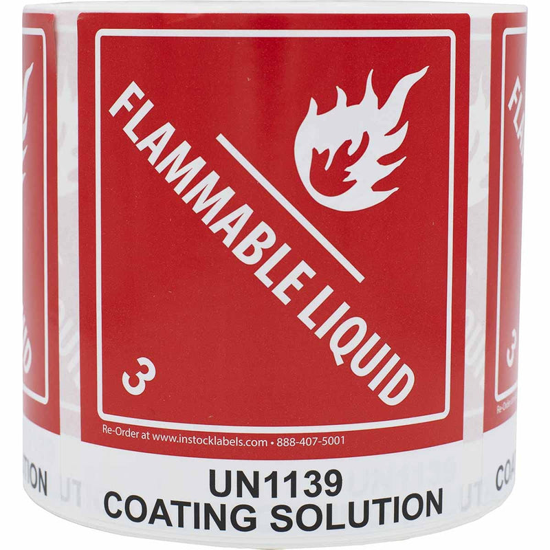 UN1139 Coating Solution Paint Flammable Liquid Hazard Class 3 Labels, 4 x 4.75 Inch Square Red and White D.O.T. Adhesive Stickers, 500 Total Labels on a Roll – Made in the USA